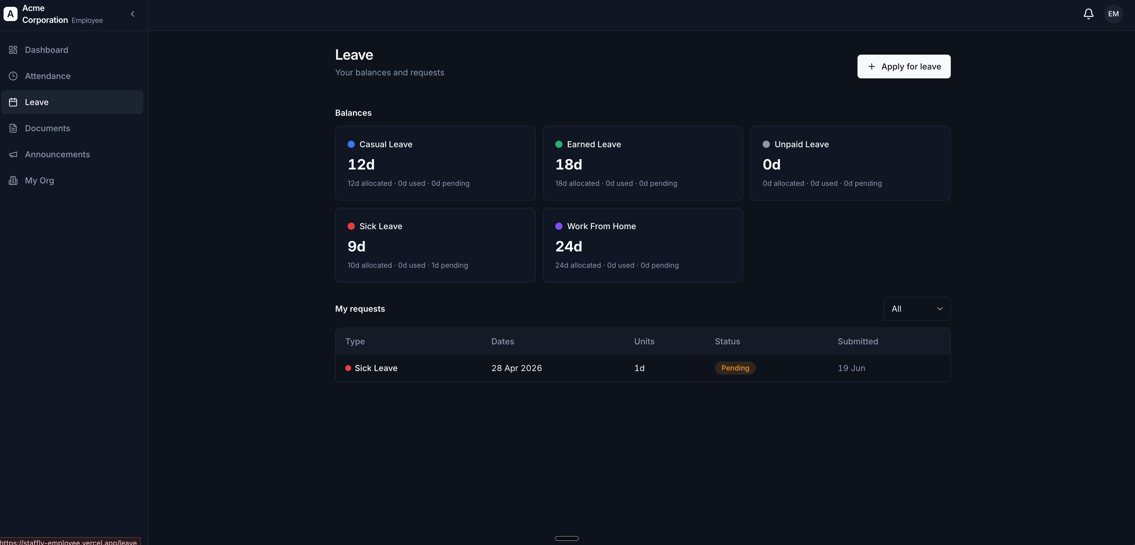 Staffly attendance or leave screen